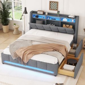 TOPESCT Lit adulte 160 x 200 cm télécommandé LED avec tiroir prises et USB rangements intégrés dans la tête de lit lin gris