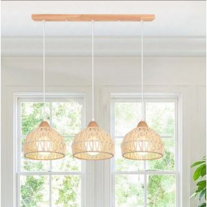 iDEGU Suspension Luminaire Vintage Lustre  en Bois Rotin Blanc Abat-jour Design Cage E27 Plafonnier Rétro pour Salon Chambre