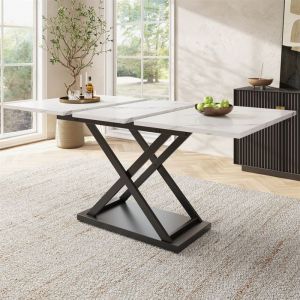 Table Carrée Extensible a Manger Table à Manger Extensible pour 4 a 6 PersonnePieds en Métal Croisés NoirsFinition Marbre Blanc