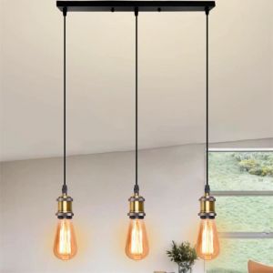 U-Do Lustre Suspension éclairage style Vintage 3 Têtes Lampe Lustre Ajustable Industriel Lampe Longue Pôle Noir pour Salle à Manger