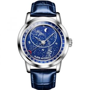 Montre homme de marque de luxe cadran ciel étoilé automatique mécanique lumineux boussole bracelet en cuir étanche bleu classique