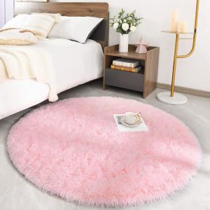 Tapis Rond Salon Shaggy Descente de lit Chambre Grande Taille Tapis Moelleux Carpette  Rose&Oslash; 140 cm Rond