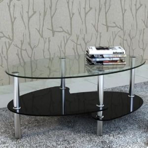 Table Basse en Verre Tremp&eacute; &agrave; 3 Niveaux Ovale Bout de Canap&eacute; pour Le Salon Bureau H&ocirc;tel 90*50*43cm transparent et noir