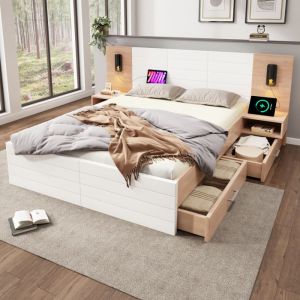 Lit Double 160×200cm En Bois Rangement Lampe De Lecture Tête De Lit Chargement USB Cadre De Lit Blanc Et Chêne(sans Matelas)