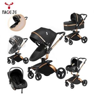 Poussette bebe  3 en 1 Magic ZC - Poussette de luxe cosy Poussette combinées pliage PU Leather  360° Rotation grand panier