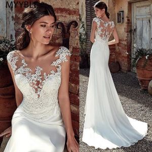 Robe De mariée sirène en Satin doux pour femmes - Dos nu - Élégante - En dentelle - Blanche - Longue - De soirée
