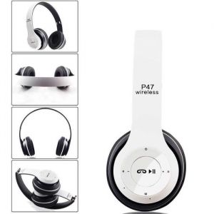 Casque Ecouteur Sans Fil Bluetooth P47 - Blanc - Lecteur de carte MP3 - Radio FM - Suppresseur de bruit actif