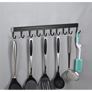 Barre à ustensiles de cuisine mural avec 10 crochets inox noir sans perçage 50cm Support Range étagère Porte serviette salle de