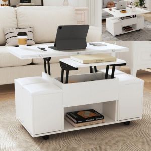 Table basse relevable 100x50-100x64cm Table basse salon moderne avec plateaux extensible et 4 chaises de rangement - blanc