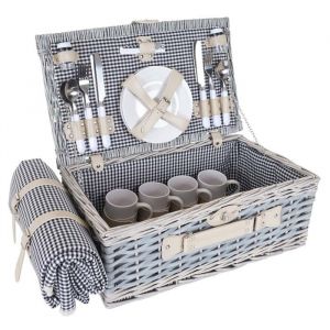 Panier pique-nique noir et blanc en osier pour 4 personnes avec couvert assiettes verres DIV04016