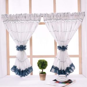 Hongya 1pcs rideaux brise bise en lin bleu semi-transparent fenetre de cuisine chambre treillis avec embrasses -L-H 130 x 120 cm