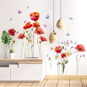 Sticker mural coquelicot fleur rouge Stickers muraux plantes papillon Stickers muraux chambre salon cuisine dcoration murale PZCC