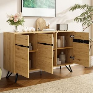 Buffet 3 Portes Moderne avec Grands Espaces de Rangement Bahut pour Salon - Structure M&eacute;tal Effet Bois 140x40x755 cm