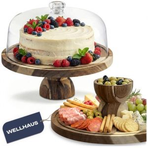 Pr&eacute;sentoir &agrave; g&acirc;teau 2 en 1 - WELLHAUS - Patera - 30 cm bois d acacia - cloche acrylique plateau fromage charcuterie