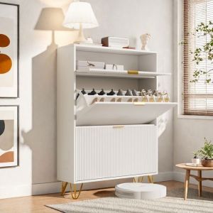 Meuble de Rangement à Chaussure 24 Paires - Double compartiment - Meuble Entree - 3 Portes Blanc Finition - Style Moderne - 80cm