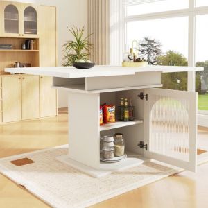 Table de Salle à Manger Télescopique140x80x76cmTable de Cuisine Extensible avec Rangement1 PortesBlanc