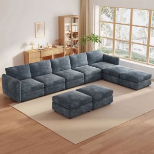 Canap&eacute; Modulable 9 Places en Tissu Grand Canap&eacute; d&rsquo;Angle Panoramique avec M&eacute;ridienne Salon Bleu Gris Moderne