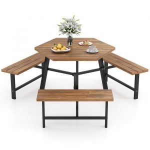 GIANTEX Table de Pique-nique pour 6 Personnes Table en Bois dAcacia avec Trou pour Parasol et 3 Bancs Structure en M&eacute;tal