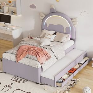 Lits garçons 90x200 avec lit gigogne 90x190lit simple avec 2 tiroirs lit enfant avec sommier à lattes et tête de lit  PU violet