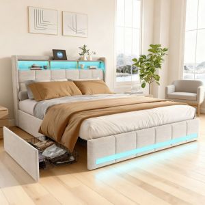 Lit adulte 160x200 avec sommier à lattes - DLN - lit double 160x200 avec LED et USB - 4 tiroir - tissu en lin - beige