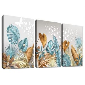 Feuilles bleu caramel Cadre en bois Impression sur Toile Feuilles de palmier de monstera tropical Tableau Decoration Murale 30x40cm