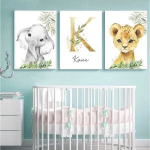 3 Affiche Prenom Bebe Tableau Personnalis&eacute; Poster Animaux Jungle Chambre Enfant Decoration Murale Cadeau 30x40cm sans Cadre