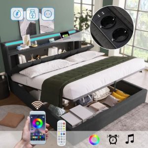 Lit coffre double 160x200 cm Lit 2 personnes Avec chargement USB éclairage LED sommier à lattes en bois gris (avec matelas)