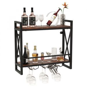 GOPLUS &Eacute;tag&egrave;re &agrave; Vin Murale 60x20x55CM Porte-Bouteilles de Vin Suspendu &agrave; 2 Niveaux avec Tablettes et Porte-Verres &agrave; Vin