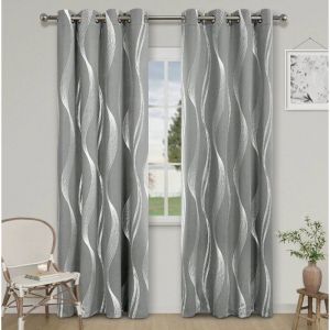 Rideaux - Rideaux gris clair - Motif ondul&eacute; - Rideau occultant avec anneaux - Rideau thermique 1 pi&egrave;ce pour chambre et bureau - 132