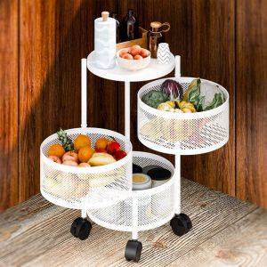 Desserte de Cuisine 3 Niveaux Chariot de Service &agrave; RoulettesEtag&egrave;res de Rangement 3 paniers round rotatifs
