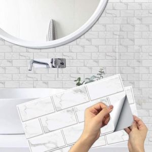 6 Pièces Blanc Stickers Carrelage Salle de Bain 30x15cm Rectangulaire Carrelage Adhesif Mural Motif de Brique Rétro pour Cuisi[1455]