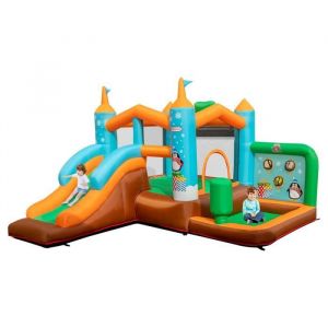 COSTWAY Château Gonflable Enfants Thème des Pingouins avec Toboggan,Colonne de Boxe Jeu de Lancer, Piscine à Balles sans Gonfleur