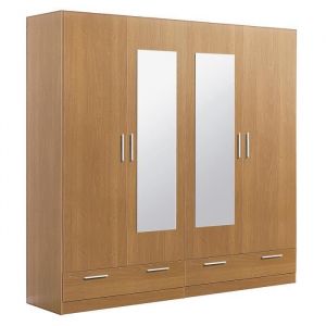 Armoire / placard de rangement de 4 portes + 2 tiroirs avec miroirs coloris Merisier - longueur 202 x profondeur 51 x hauteur 200