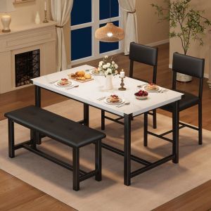 Ensemble table et chaise - table de cuisine et 2 chaises avec 1 banc - pour 4 personnes Marbre BLANC