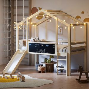 Lit mezzanine enfant 90x200cm - REDOM - avec échelle de sécurité et toboggan - bois massif naturel sans matelas