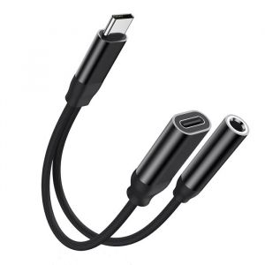 Double Adaptateur C&acirc;ble diviseur Type C prise jack 3.5mm chargeur USB-C Noir pour Samsung Galaxy A53 5G SM-A536B- Visiodirect -
