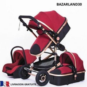 BAZARLAND30.Poussette 3 en 1 Bébé Combinée Siège-Auto Nacelle Trio Réversible Réglable Haute Qualité Roues increvables Canne. rouge