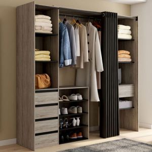 IDMARKET Dressing extensible double XXL MERYL 120/180 cm hêtre avec tiroirs + étagères + penderie + rideau noir