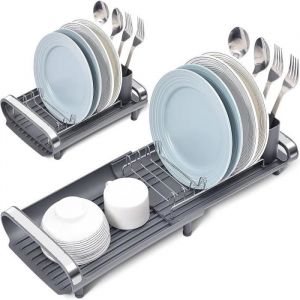 Égouttoir Vaisselle Egouttoir Vaisselle Extensible Compact Réglable En Acier Inoxydable Avec Panier À Couverts Pieds Antidé[x75]