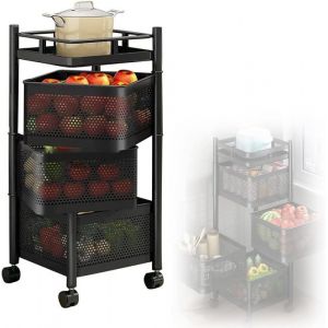 Desserte de cuisine &agrave; roulettes &agrave; 3 niveauxdesserte &agrave; roulettes 3 &eacute;tagesChariot en m&eacute;talPanier tournantnoir 28x28x54cm