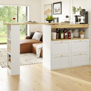 Bureau pivotant &agrave; 360&deg; (structure 105 x 39 x 102 cm) avec 4 tiroirs et &eacute;tag&egrave;res ouvertes grand espace de rangement blanc