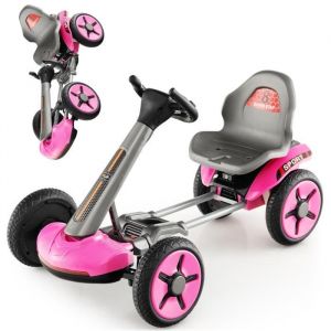 DREAMADE Kart à Pédale Electrique Pliable Enfants avec Lumière LED Siège et Volant Réglables Porte-gobelet Démarrage Lent Rose