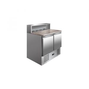 Table à pizza 2 portes 240 litres - Plan de travail granit et saladette réfrigérée intégrée