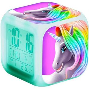 R&eacute;veil num&eacute;rique licorne LCD cube 7 couleurs LED. Enfants/adultes chambre table chevet cadeau anniversaire fille/gar&ccedil;on/femmes