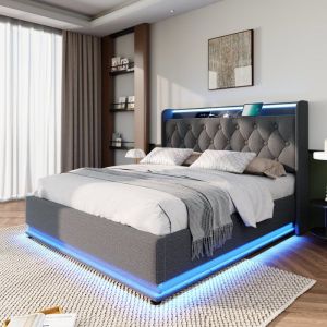 Lit coffre 180x200 cm en lin gris avec t&ecirc;te capitonn&eacute;e &eacute;clairage LED 360&deg; et ports USB‑C &ndash; Design contemporain