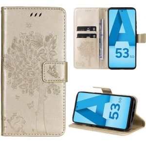 Coque - E-TEC - Samsung Galaxy A53 5G - Protection Antichoc - Synthécuir Doré - Motif Arbre Chat Fleur