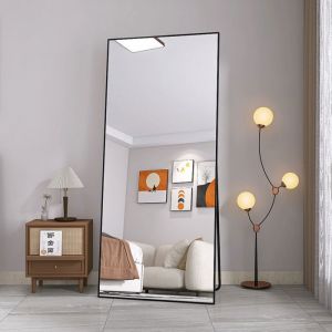 180 x 80 cm Miroir rectangulaire pleine longueur Miroir avec support et cadre en alliage daluminium Miroir en verre trempé Noir