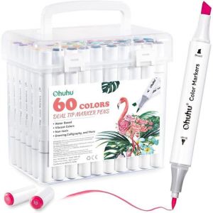 Ohuhu Marqueurs à Eau Double Pointe - 60 Couleurs Feutres Coloriage Adulte pour adultes et étudiants Marqueurs de Dessin pour D41