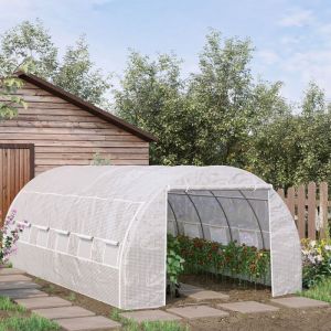 Serre de Jardin Serre Tunnel 18 m&sup2; dim. 6L x 3l x 2H m - 12 fen&ecirc;tres Porte zipp&eacute;e Enroulable  Blanc
