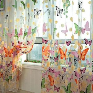 Rideau Voilage Fleur De Papillon Brodé pour Salon - NOVA - Orange Vert Rose - Œillets - Intérieur